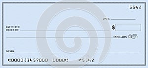 Blank bank check book page with light blue security background