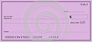 Blank bank check book page with light pink security background