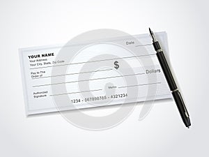 Blank bank check template and pen