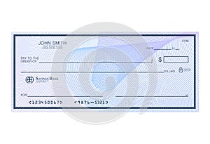 Blank bank cheque with abstract watermark. Personal desk check template with empty field to fill. Banknote, money design