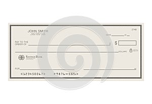 Blank bank cheque. Personal desk check template with empty field to fill. Banknote, money design,currency, bank note photo