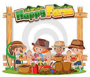 Blank banner with Happy Farm logo and farmer kids isolated on white background