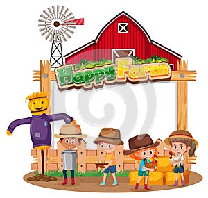 Blank banner with Happy Farm logo and farmer kids isolated on white background