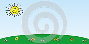 Blank banner, meadow and sun, vector illustration