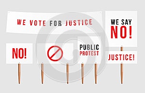 Blank banner mock up on wood stick collection. Vector empty different board plank holder set. Protest signs isolated on white