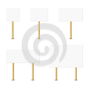 Blank banner mock up on wood stick collection. Vector empty different board plank holder set. Protest signs isolated on white