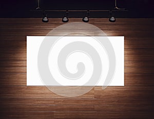 Blank banner Poster Mock up on wooden wall with spot light