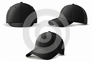 Blank baseball cap Front, Back and Side View, color black on white background