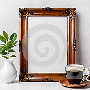 Blank beautiful wooden photo frame isolated on white background near white wall, empty copy space,