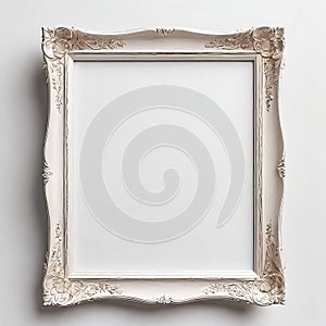 Blank beautiful wooden photo frame isolated on white background near white wall, empty copy space,