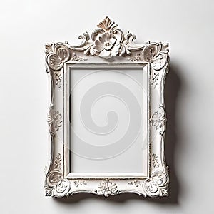Blank beautiful wooden photo frame isolated on white background near white wall, empty copy space,