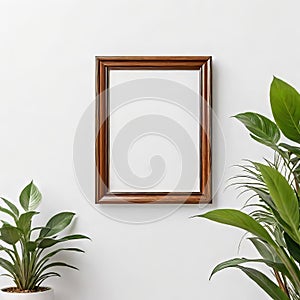 Blank beautiful wooden photo frame isolated on white background near white wall, empty copy space,