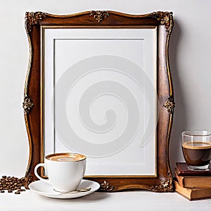 Blank beautiful wooden photo frame isolated on white background near white wall, empty copy space,