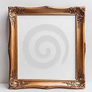 Blank beautiful wooden photo frame isolated on white background near white wall, empty copy space,