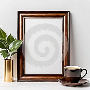 Blank beautiful wooden photo frame isolated on white background near white wall, empty copy space,