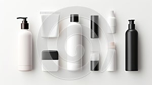 Blank beauty product bottles on white background. A range of skincare packaging, minimalist design, black and white