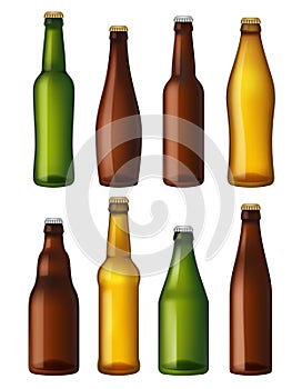 Blank beer bottles. Colored glass containers, vessels for brown and light craft and green beer. Realistic vector