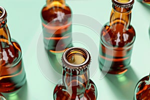 Blank beer bottles on green background