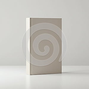 A blank beige book stands upright on a smooth white surface. The