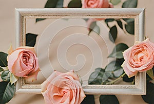Blank beige border floral frame surrounded by beautiful pink roses Generative AI