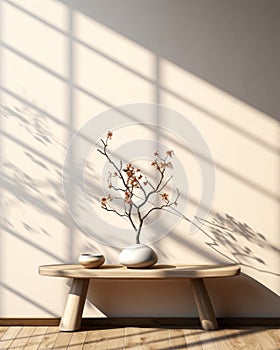 Blank beige cream fabric texture wallpaper wall round top funnel stand wood side table twig in vase in sunlight shadow of shoji