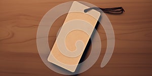 Blank Beige Label Tag Mockup With Dark String On Wooden Background. Kraft Paper Price Tag Mock Up. Generative AI