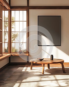 Blank big black poster frame mock up template, living room interior in fusion style with short wooden table, white walls