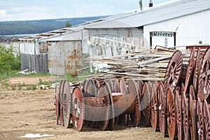 Blank big cable reels of metal for storing data cable.