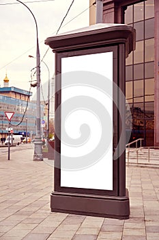 Blank big vertical portrait billboard, advertising city format on Moscow street, mockup of a poster.