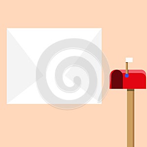 Blank Big White Envelope beside Red Mailbox with Small Flag Up. Open Color Postal Box in Loaf Shape Standing and Huge