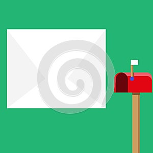 Blank Big White Envelope beside Red Mailbox with Small Flag Up. Open Color Postal Box in Loaf Shape Standing and Huge