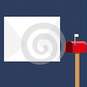 Blank Big White Envelope beside Red Mailbox with Small Flag Up. Open Color Postal Box in Loaf Shape Standing and Huge