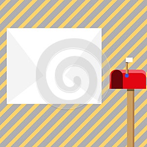 Blank Big White Envelope beside Red Mailbox with Small Flag Up. Open Color Postal Box in Loaf Shape Standing and Huge