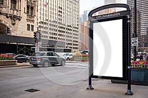 Blank billboard at bus stop for advertising, Chicago city buildings and street background