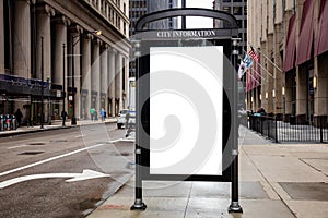 Blank billboard at bus stop for advertising, Chicago city buildings and street background