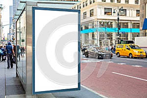 Blank billboard at bus stop for advertising, New York city buildings and street background