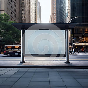 Blank Billboard at the Bus Stop in the Middle of New York Street. Generative ai