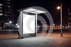 Blank billboard on bus stop at night