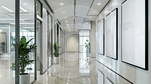 A blank billboard display along a wall in an office hallway. An empty lobby interior with a white LCD screen and