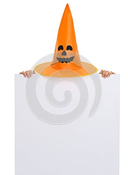 Blank billboard with Halloween hat and hands