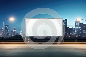 A blank billboard on a highway with a city skyline in the background