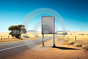 Blank billboard in the middle of a desert road in Namibia. Generative AI