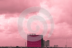 Blank billboard for new advertisement. Mockup Large red blank billboard or white promotion poster displayed on the outdoor against