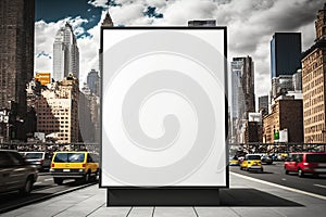 Blank billboard on New York city. Mock up. Poster on street next to roadway. Outdoor advertising