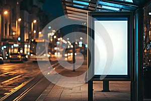 Blank billboard at night bus stop. (3