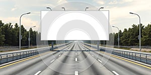 A blank billboard over a highway with trees and streetlights under a cloudy sky view