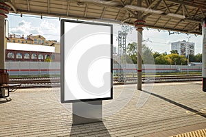 Blank billboard poster stand mock up on platform of raillway station