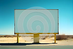 Blank billboard on the road in the desert. AI Generative
