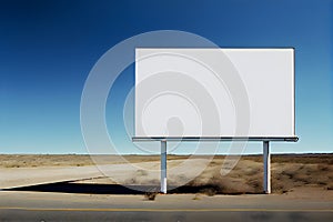 Blank billboard on the road in the middle of the desert. AI Generative