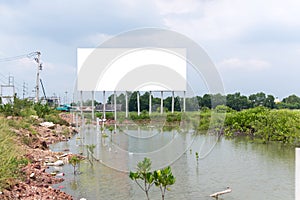 Blank billboard on the sideway in the park. image for copy space, advertisement, text and object.